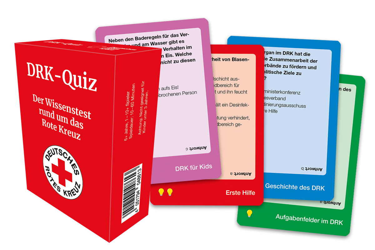 Produktbild: DRK-Quiz mit bunten Quizkarten und roter Box. Die Farben der Karten kennzeichnen die Themenbereiche