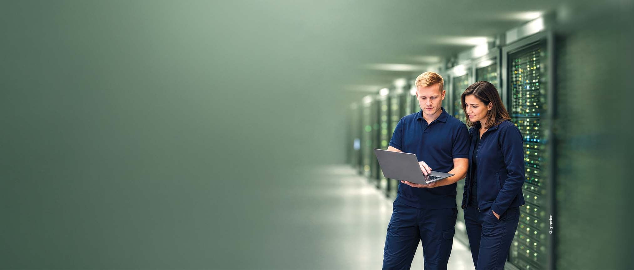 2 junge Mitarbeiter in dunkelblauer Kleidung stehen mit einem Laptop im Arm in einem Serverraum.