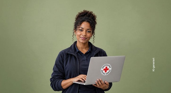 Eine junge Frau in sportlicher Kleidung steht vor einer grünen Wand und hält einen Laptop mit einem DRK-Logo in der Hand und lächelt in die Kamera. 