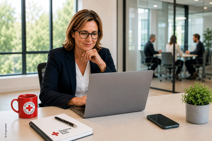 Eine Frau mit Brille im Business-Look sitzt an einem Tisch und schaut auf  einen Laptop. Neben ihr steht eine rote DRK-Tasse und ein Block mit Stift.