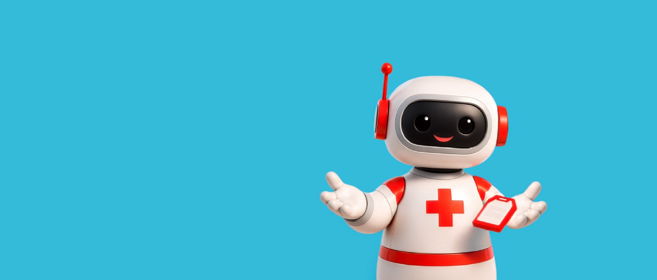 ein digital erstelltes türkisblaues Bild mit einer freundlich schauenden roboterähnlichen Figur in Rot- und Weiß mit einem roten Kreuz auf der Brust.