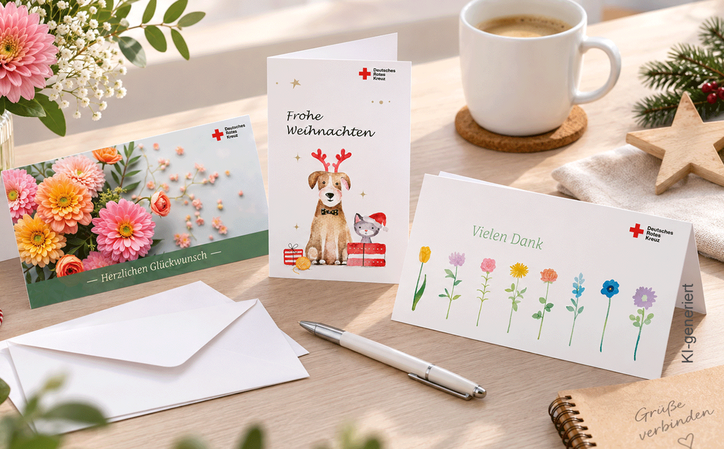 Imagebild mit drei verschiedenen Grußkarten mit DRK-Logo, die auf einem Tisch stehen mit Blumen, Notizbuch und Stift und einer Tasse Kaffee