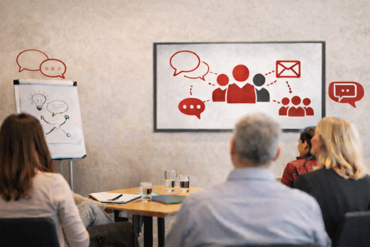 Personen in einer Workshop-Situation. Sie schauen auf ein Board und Flipchart mit verschiedenen roten Kommunikationssymbolen.