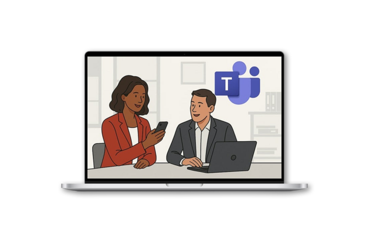 Bild eines aufgeklappten Laptops. Auf dem Screen sieht man eine Illustration von zwei Personen an einem Bürotisch mit Handy in der Hand. Rechts oben: Logo von Microsoft Teams.