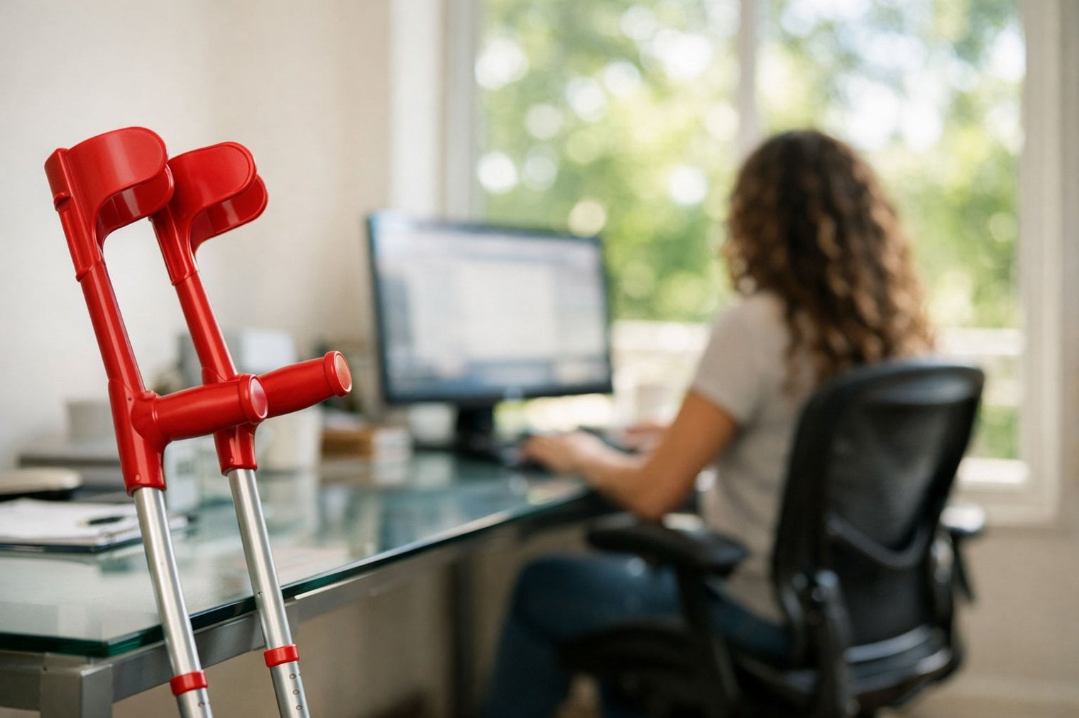 Eine junge Frau sitzt vor einem Monitor an einem Schreibtisch. Vorne am Tisch lehnen 2 rote Krücken