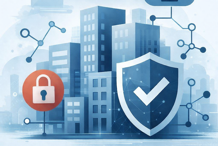 Grafische Darstellung von Hochhäusern und Symbolen mit Schloss und Schutzschild