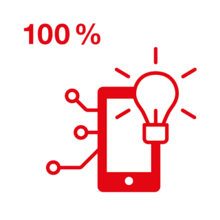 rotes Piktogramm mit Handy, einer symbolischen Netzwerkstruktur, einer Glühbirne und der Zahl 100%